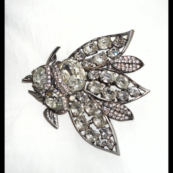 *ULTRA RARE* 1930s Large EISENBERG Vtg BEE Art Deco Double Pin Rhinestone Brooch - Picture 5 of 13